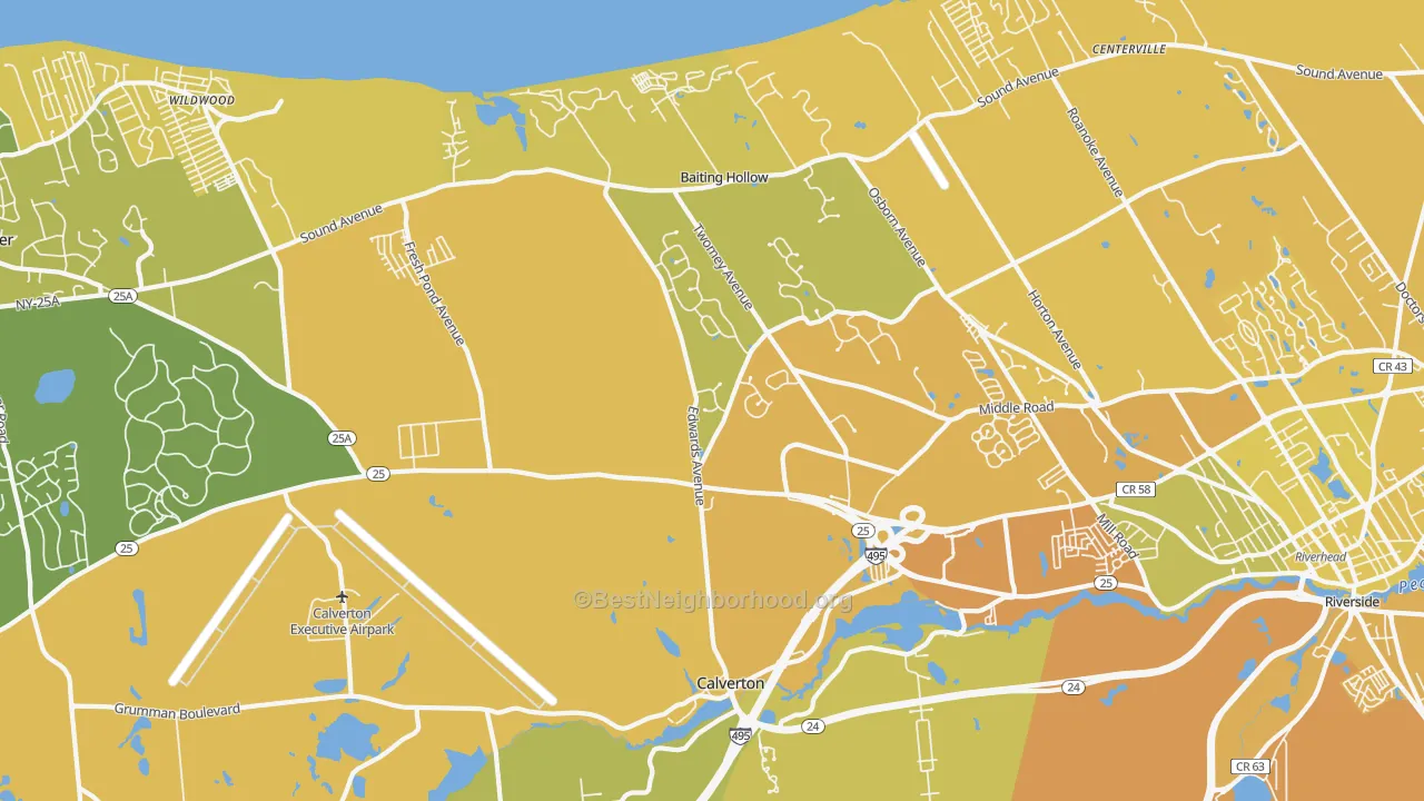 Map of the best neighborhoods in the 11933 area, with better matches in green and worse matches in red