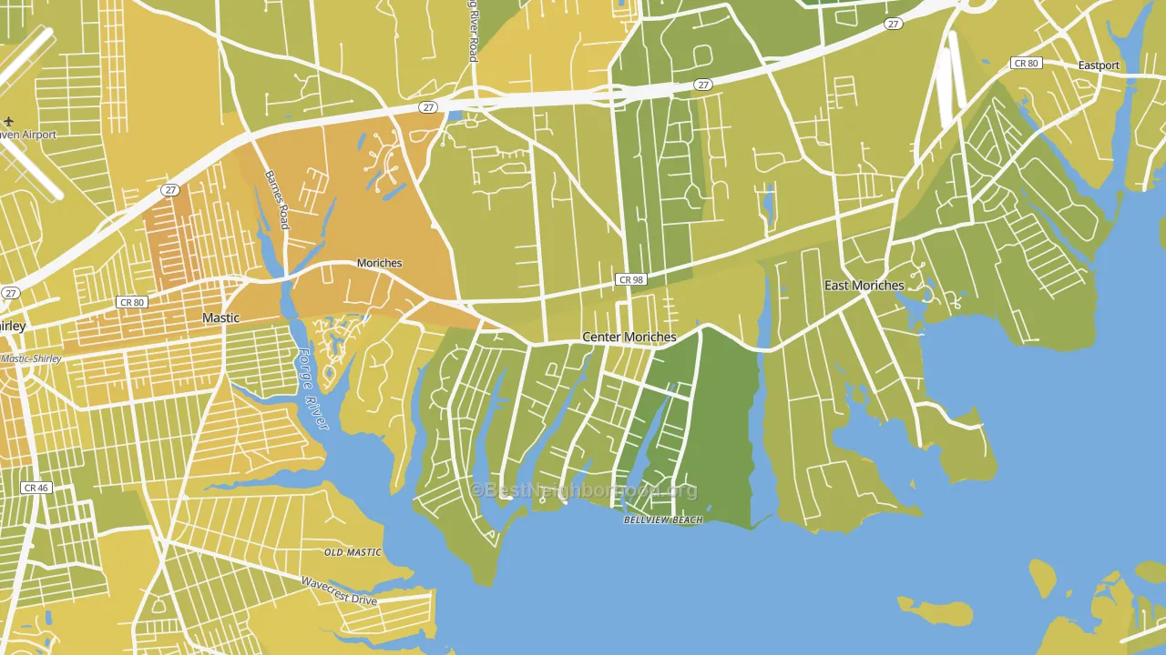 Map of the best neighborhoods in the 11934 area, with better matches in green and worse matches in red