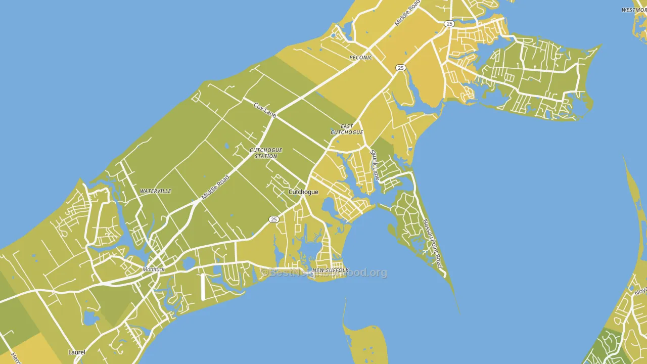 Map of the best neighborhoods in the 11935 area, with better matches in green and worse matches in red