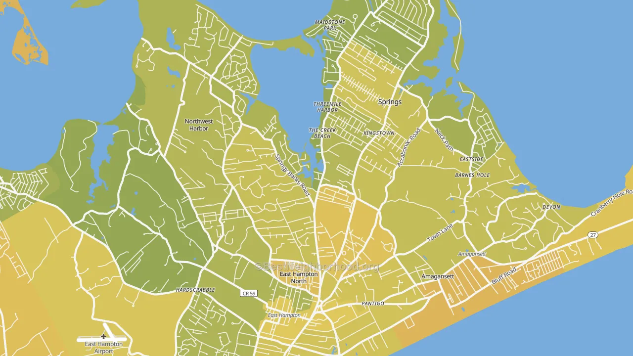 Map of the best neighborhoods in the 11937 area, with better matches in green and worse matches in red