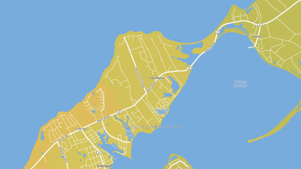 Map of the best neighborhoods in the 11939 area, with better matches in green and worse matches in red