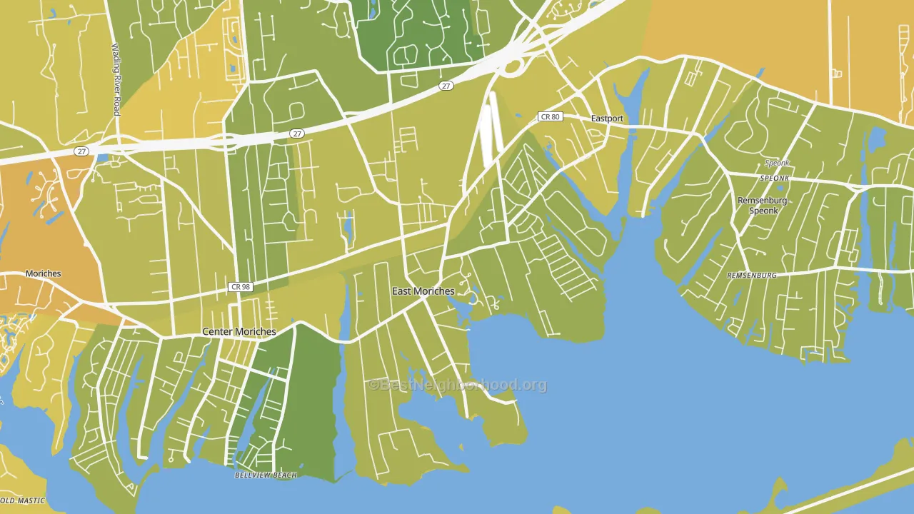 Map of the best neighborhoods in the 11940 area, with better matches in green and worse matches in red