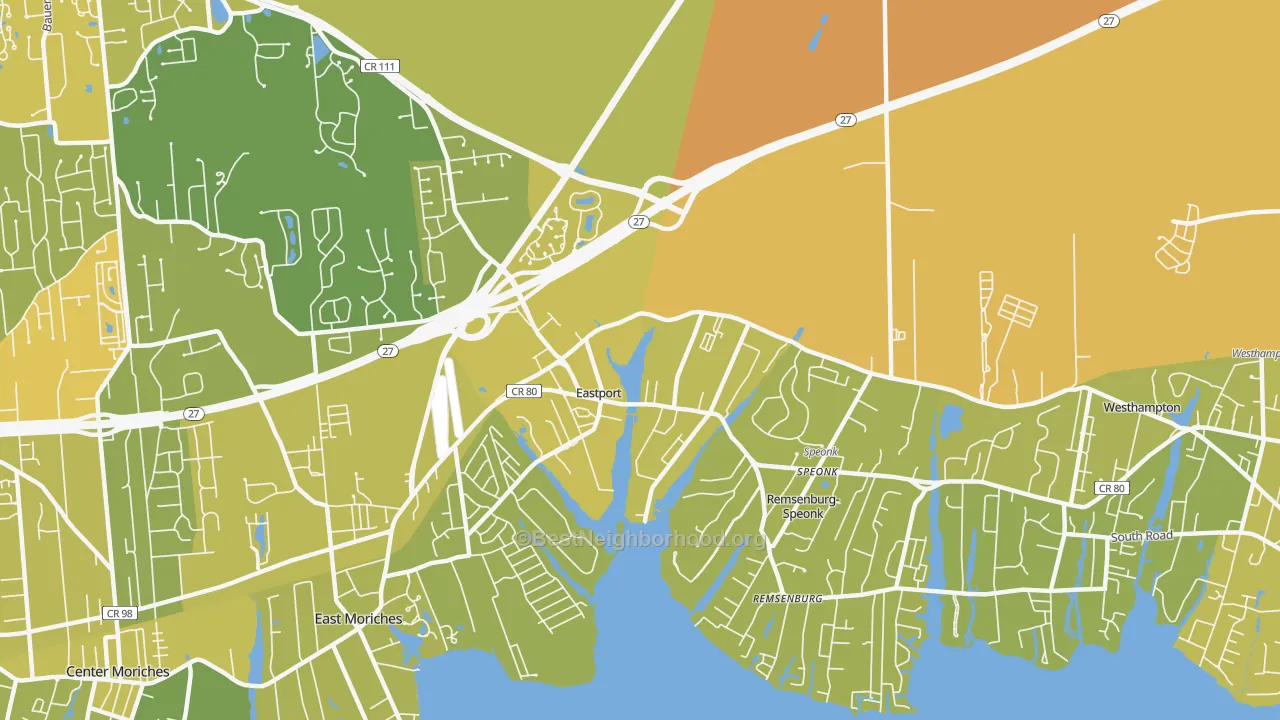 Map of the best neighborhoods in the 11941 area, with better matches in green and worse matches in red