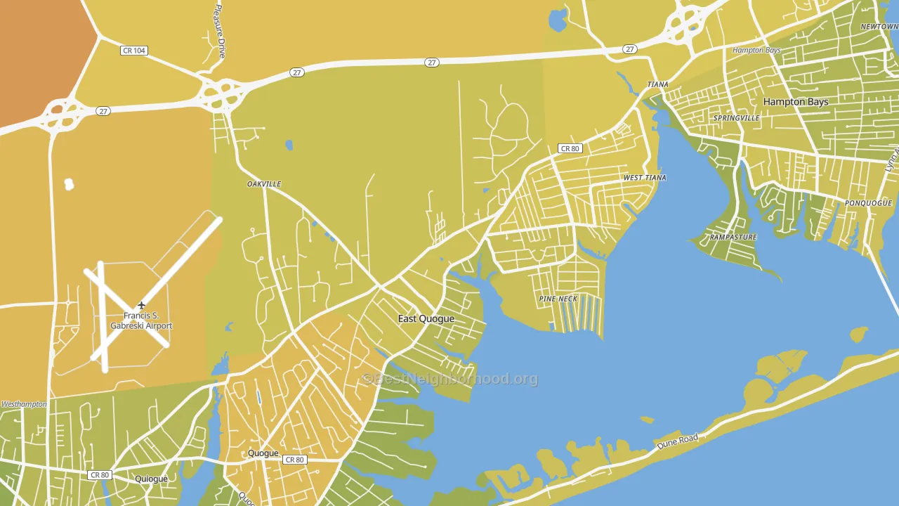 Map of the best neighborhoods in the 11942 area, with better matches in green and worse matches in red
