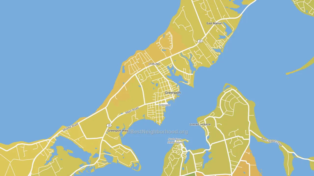 Map of the best neighborhoods in the 11944 area, with better matches in green and worse matches in red