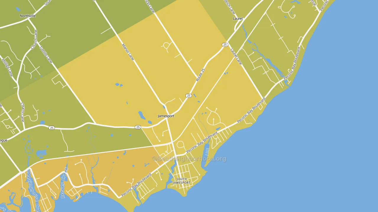 Map of the best neighborhoods in the 11947 area, with better matches in green and worse matches in red