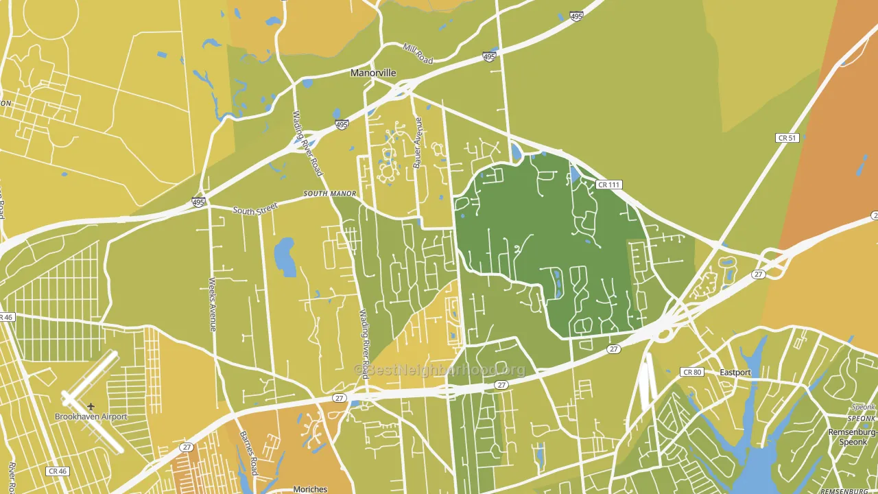 Map of the best neighborhoods in the 11949 area, with better matches in green and worse matches in red