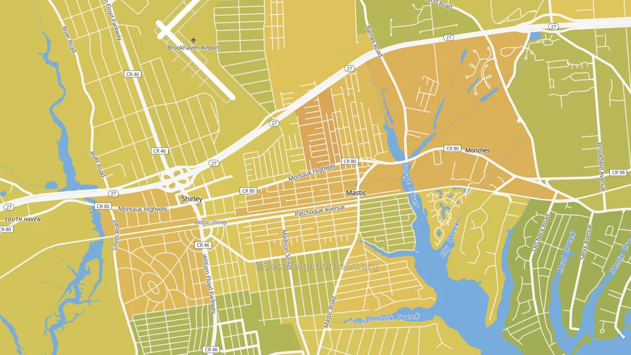 Map of the best neighborhoods in the 11950 area, with better matches in green and worse matches in red