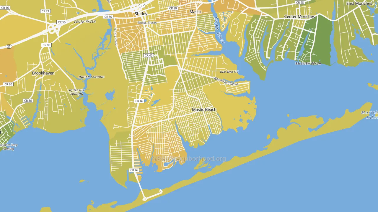 Map of the best neighborhoods in the 11951 area, with better matches in green and worse matches in red