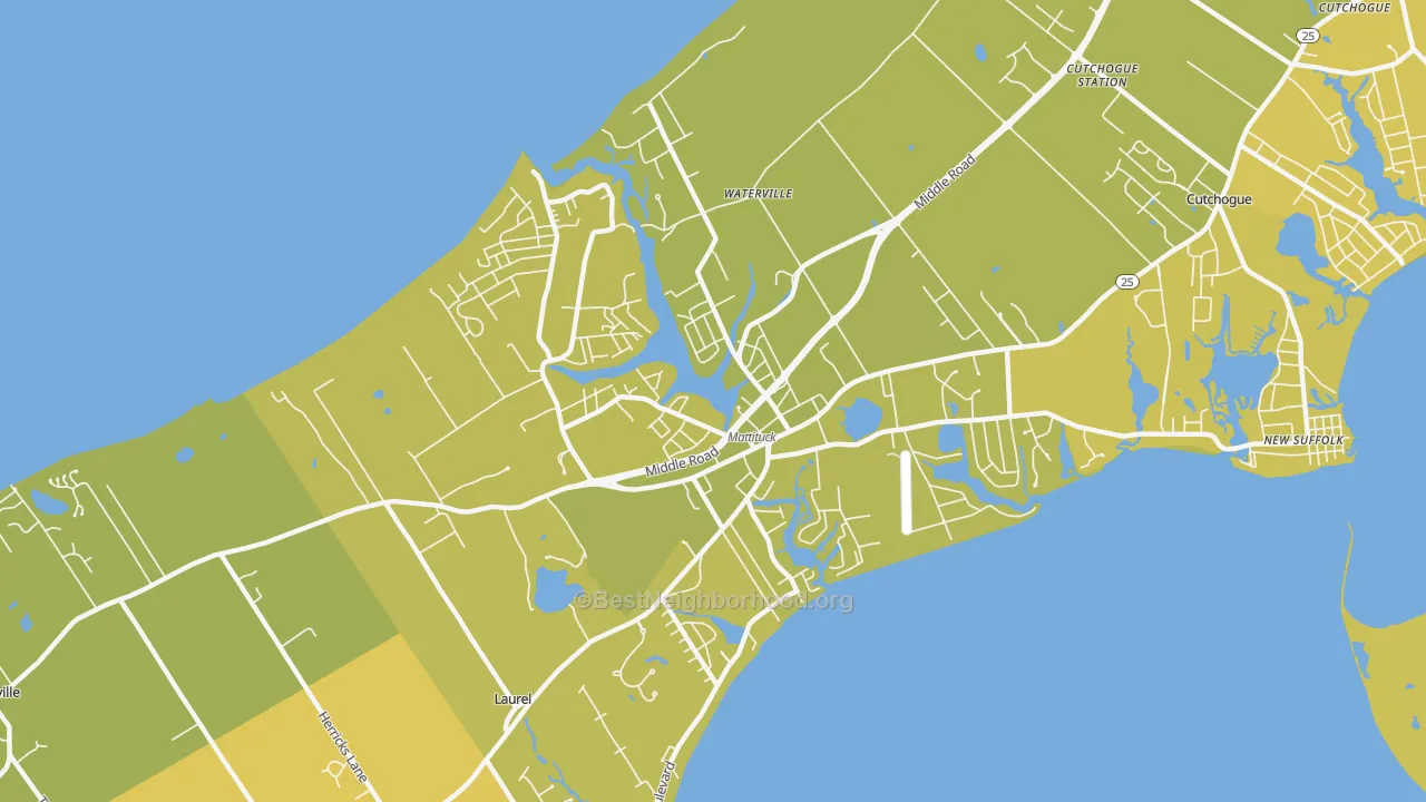 Map of the best neighborhoods in the 11952 area, with better matches in green and worse matches in red