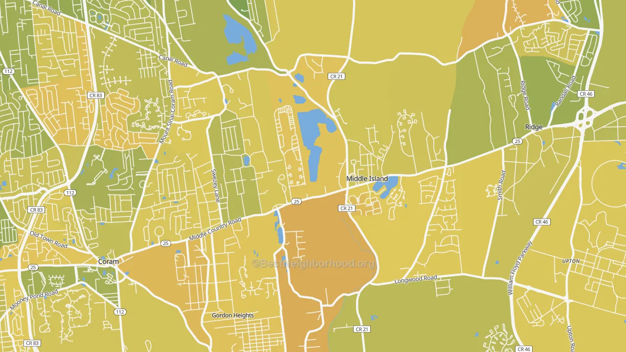 Map of the best neighborhoods in the 11953 area, with better matches in green and worse matches in red