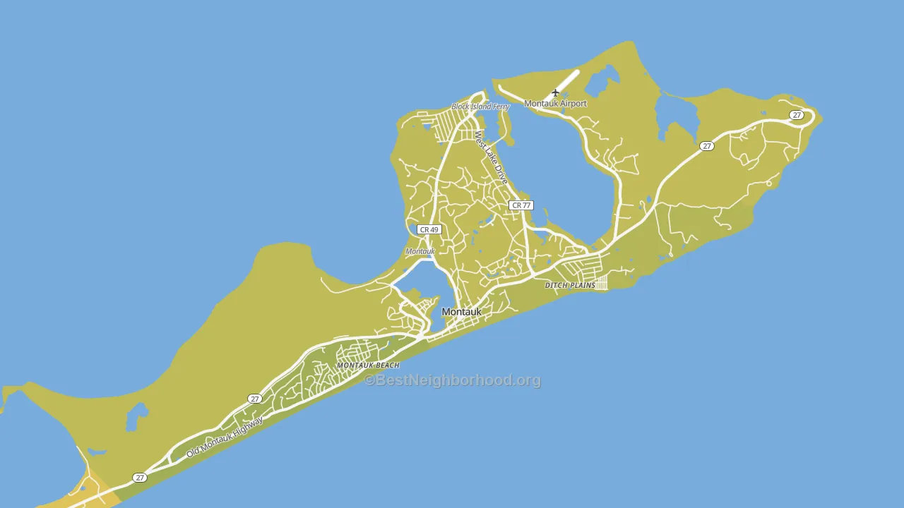 Map of the best neighborhoods in the 11954 area, with better matches in green and worse matches in red