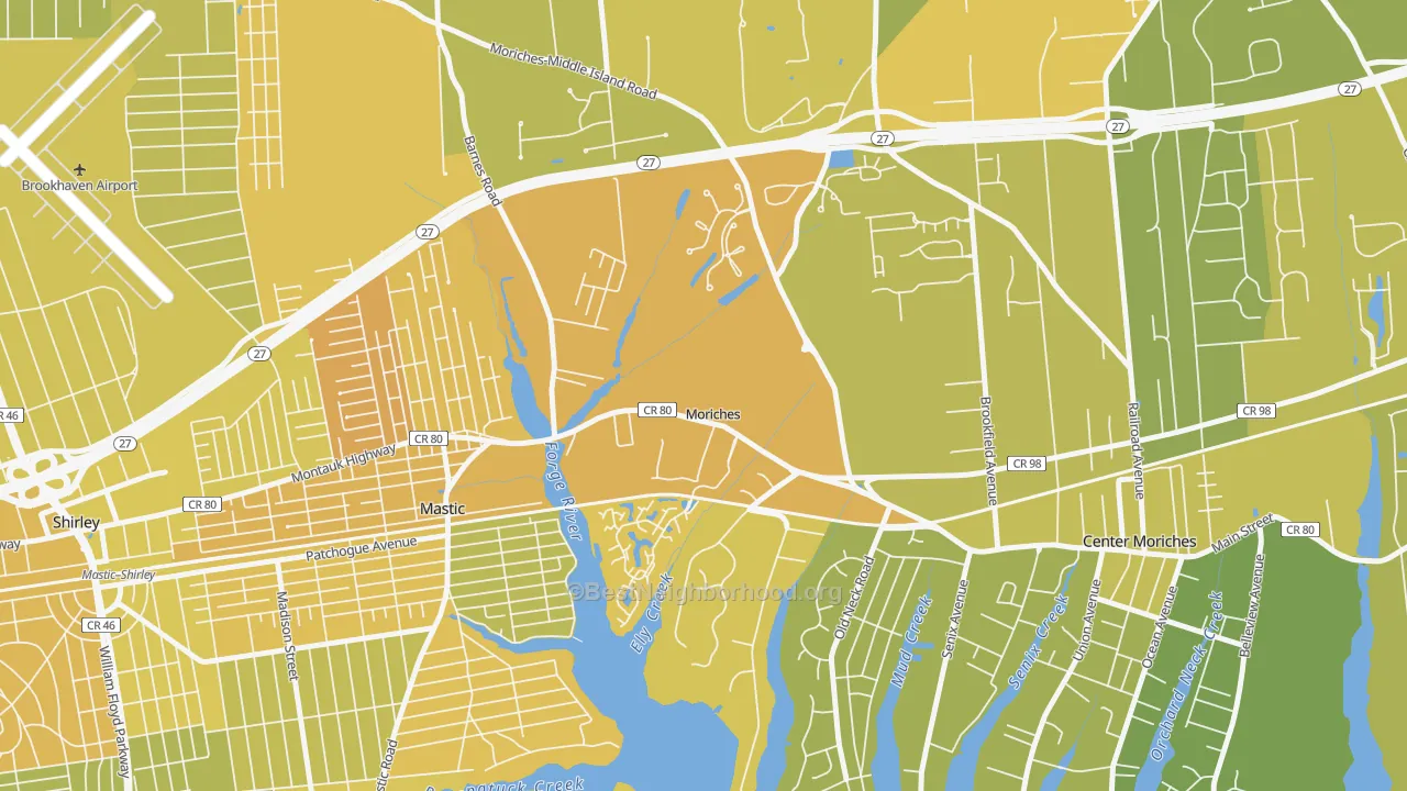 Map of the best neighborhoods in the 11955 area, with better matches in green and worse matches in red