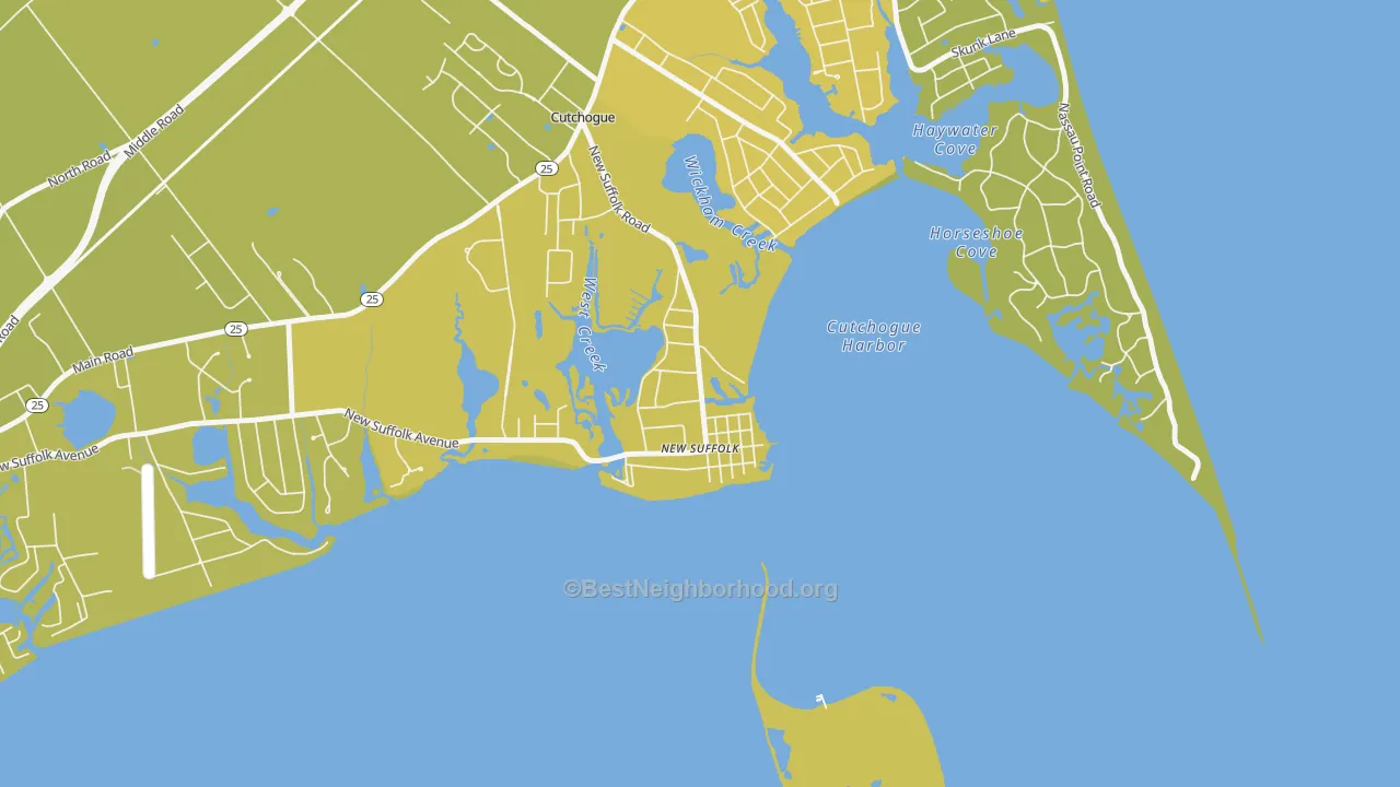 Map of the best neighborhoods in the 11956 area, with better matches in green and worse matches in red