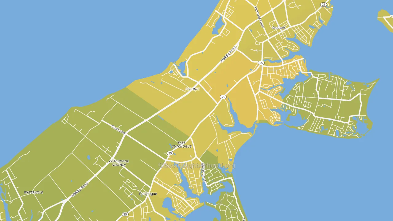 Map of the best neighborhoods in the 11958 area, with better matches in green and worse matches in red