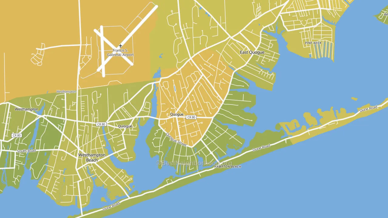 Map of the best neighborhoods in the 11959 area, with better matches in green and worse matches in red
