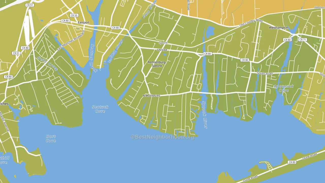 Map of the best neighborhoods in the 11960 area, with better matches in green and worse matches in red