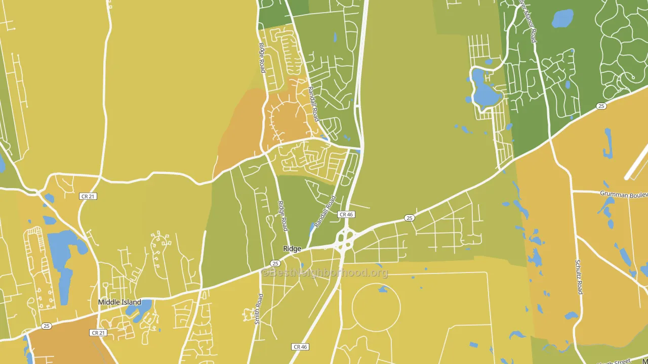 Map of the best neighborhoods in the 11961 area, with better matches in green and worse matches in red