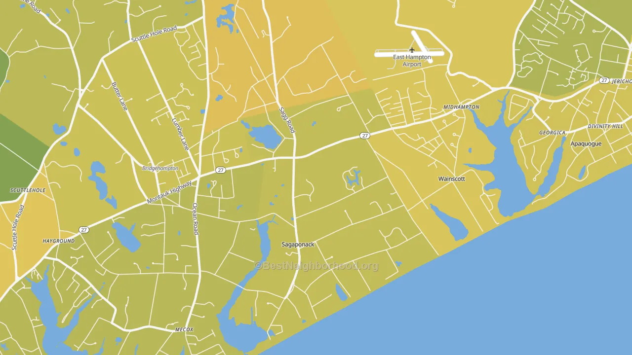 Map of the best neighborhoods in the 11962 area, with better matches in green and worse matches in red