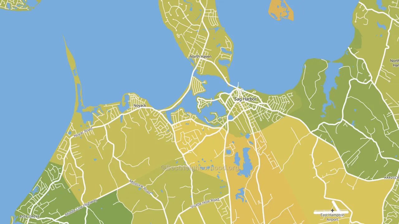 Map of the best neighborhoods in the 11963 area, with better matches in green and worse matches in red