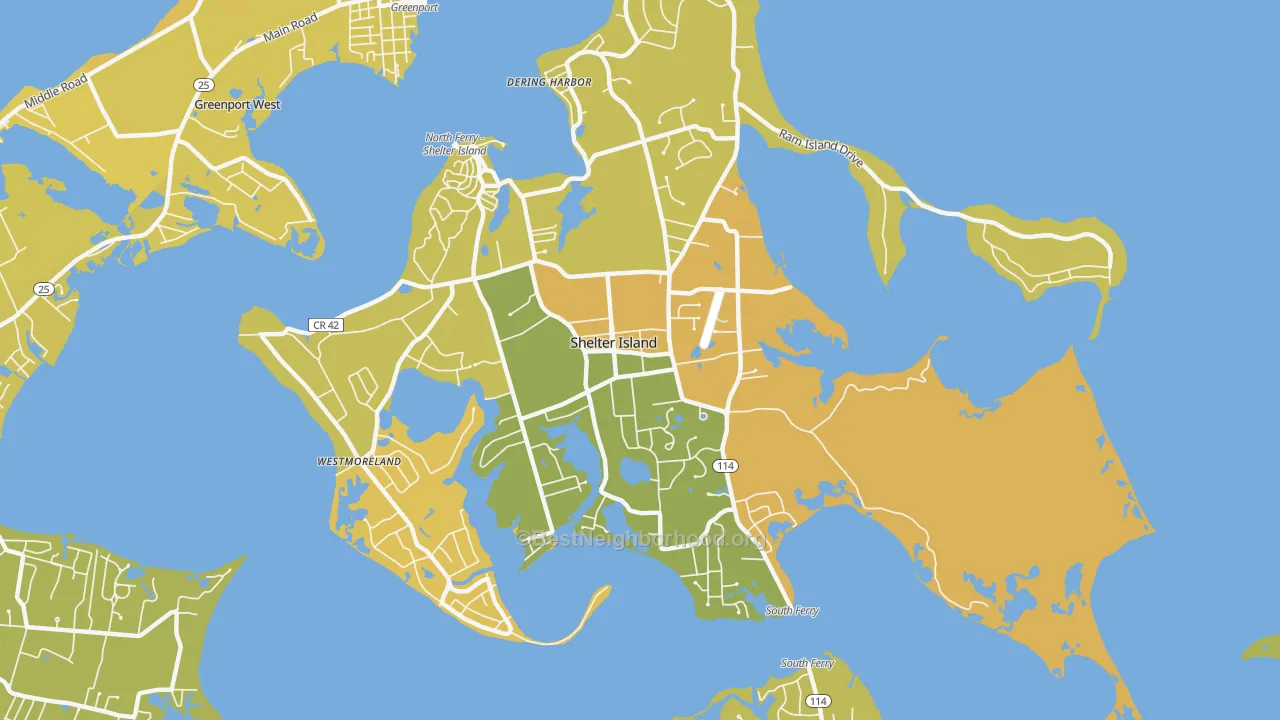 Map of the best neighborhoods in the 11964 area, with better matches in green and worse matches in red