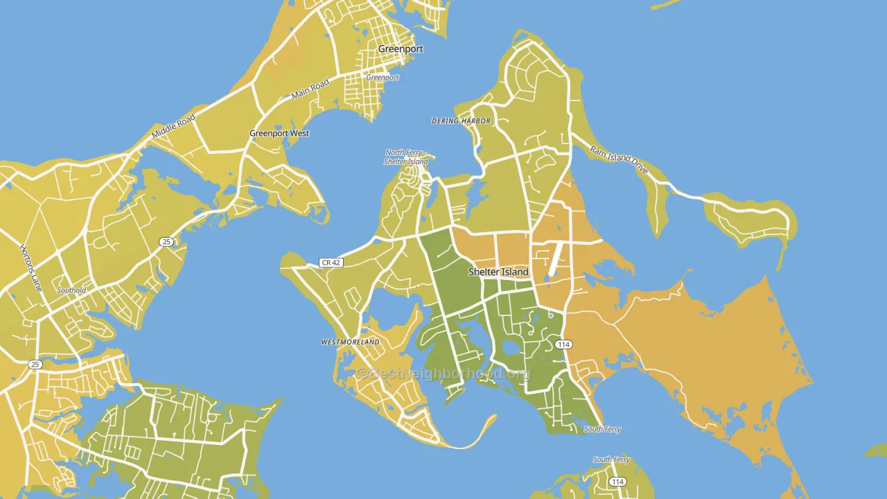Map of the best neighborhoods in the 11965 area, with better matches in green and worse matches in red
