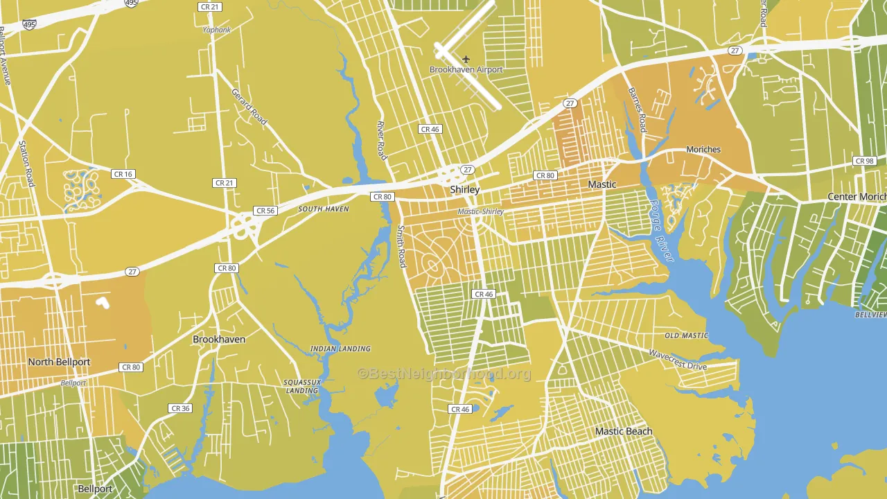 Map of the best neighborhoods in the 11967 area, with better matches in green and worse matches in red