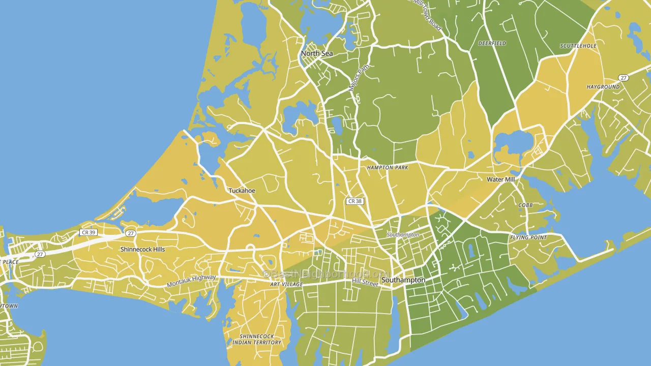 Map of the best neighborhoods in the 11968 area, with better matches in green and worse matches in red