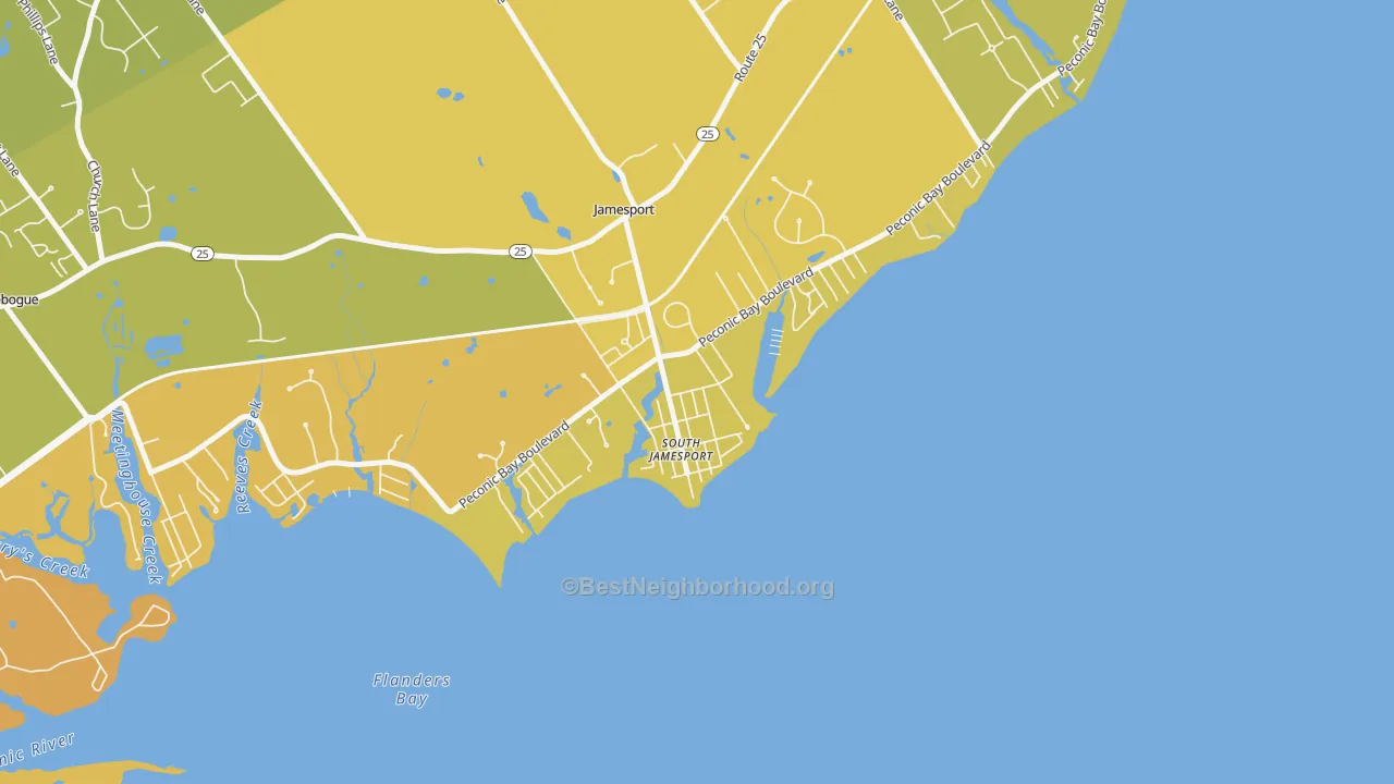 Map of the best neighborhoods in the 11970 area, with better matches in green and worse matches in red