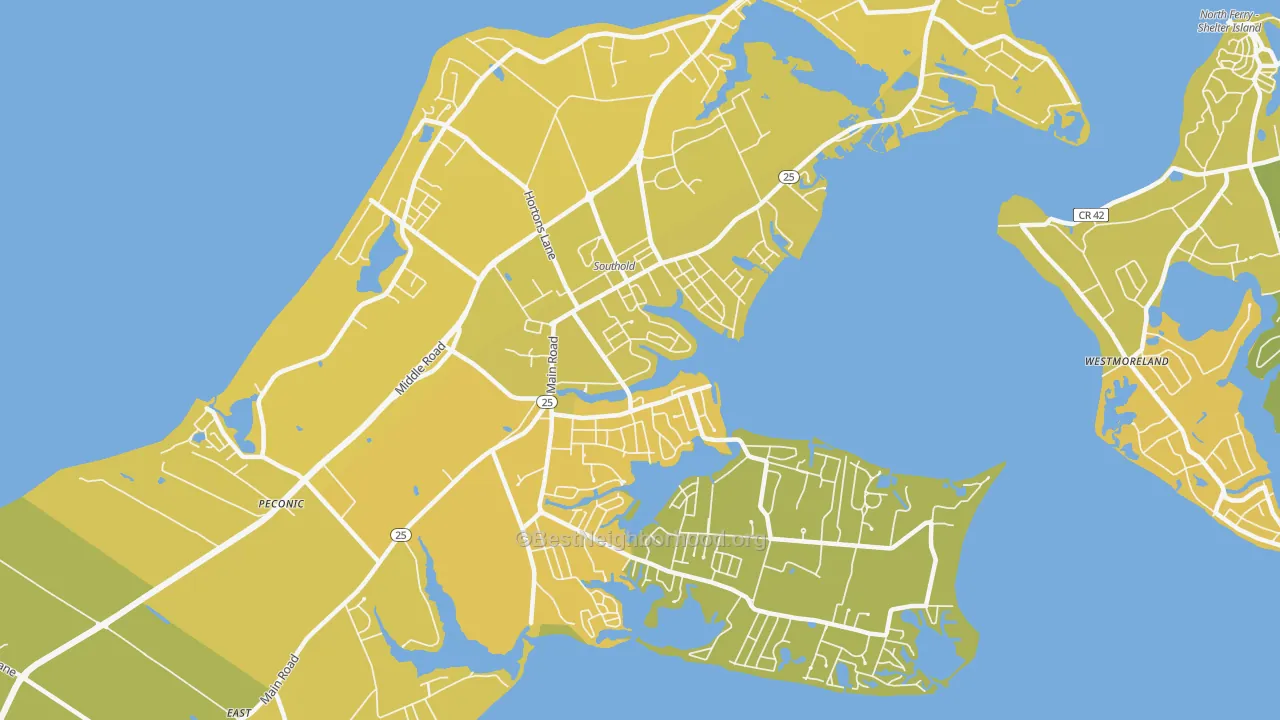 Map of the best neighborhoods in the 11971 area, with better matches in green and worse matches in red