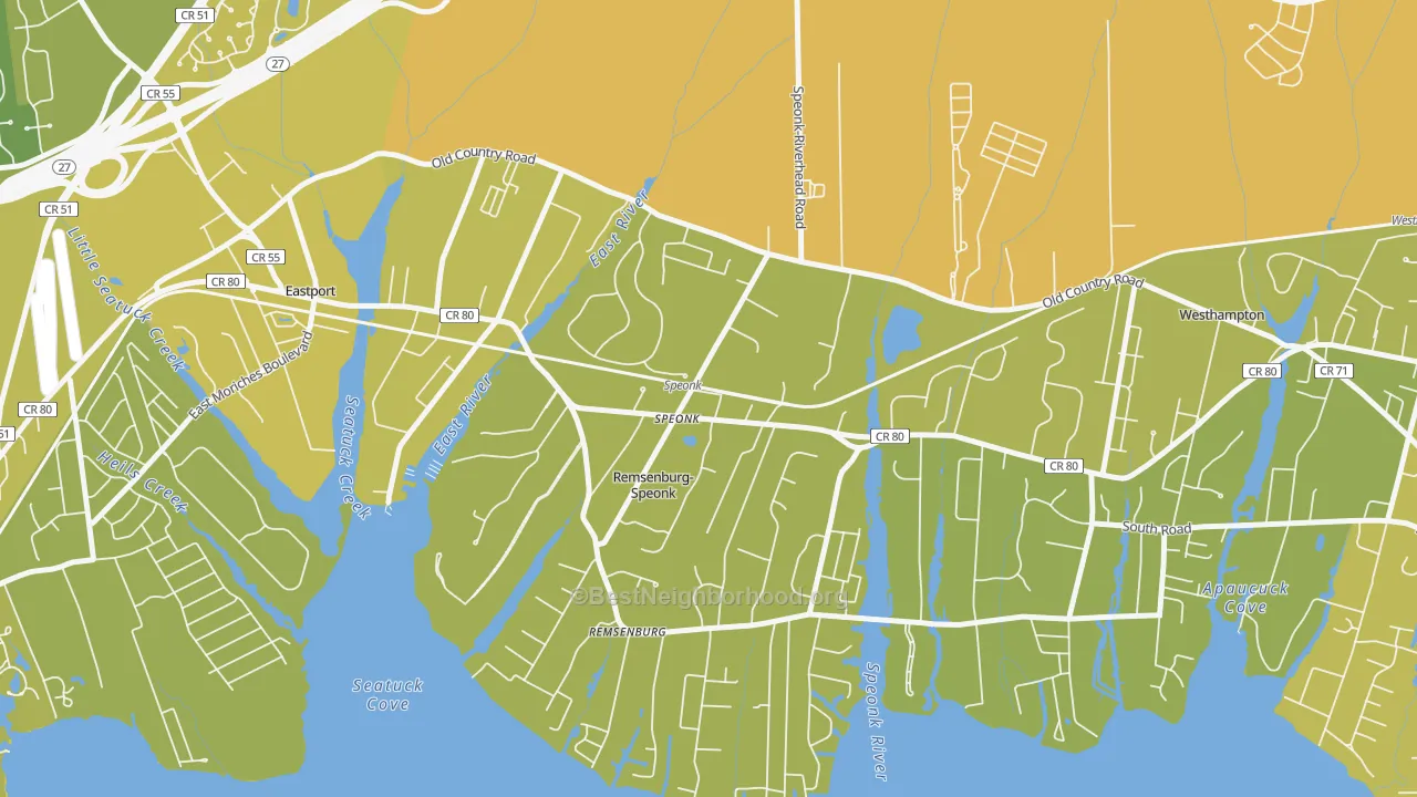 Map of the best neighborhoods in the 11972 area, with better matches in green and worse matches in red