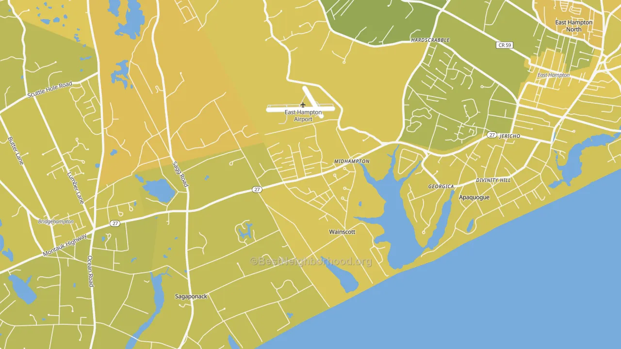 Map of the best neighborhoods in the 11975 area, with better matches in green and worse matches in red