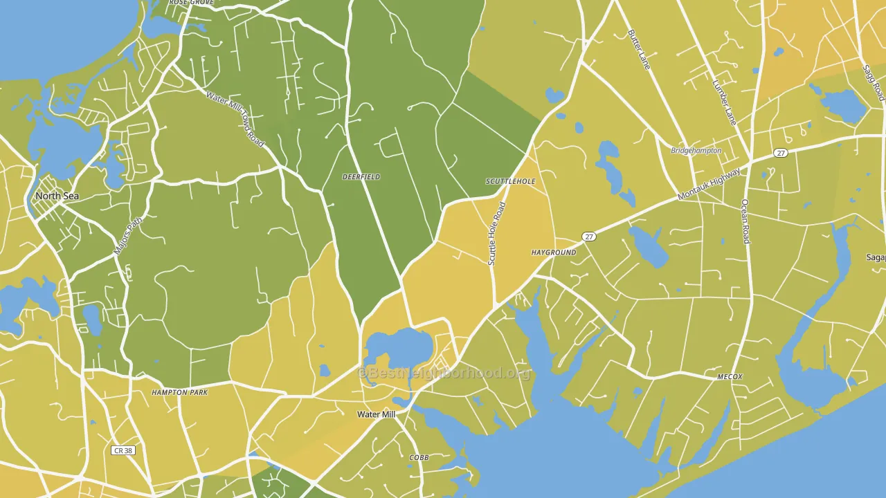 Map of the best neighborhoods in the 11976 area, with better matches in green and worse matches in red