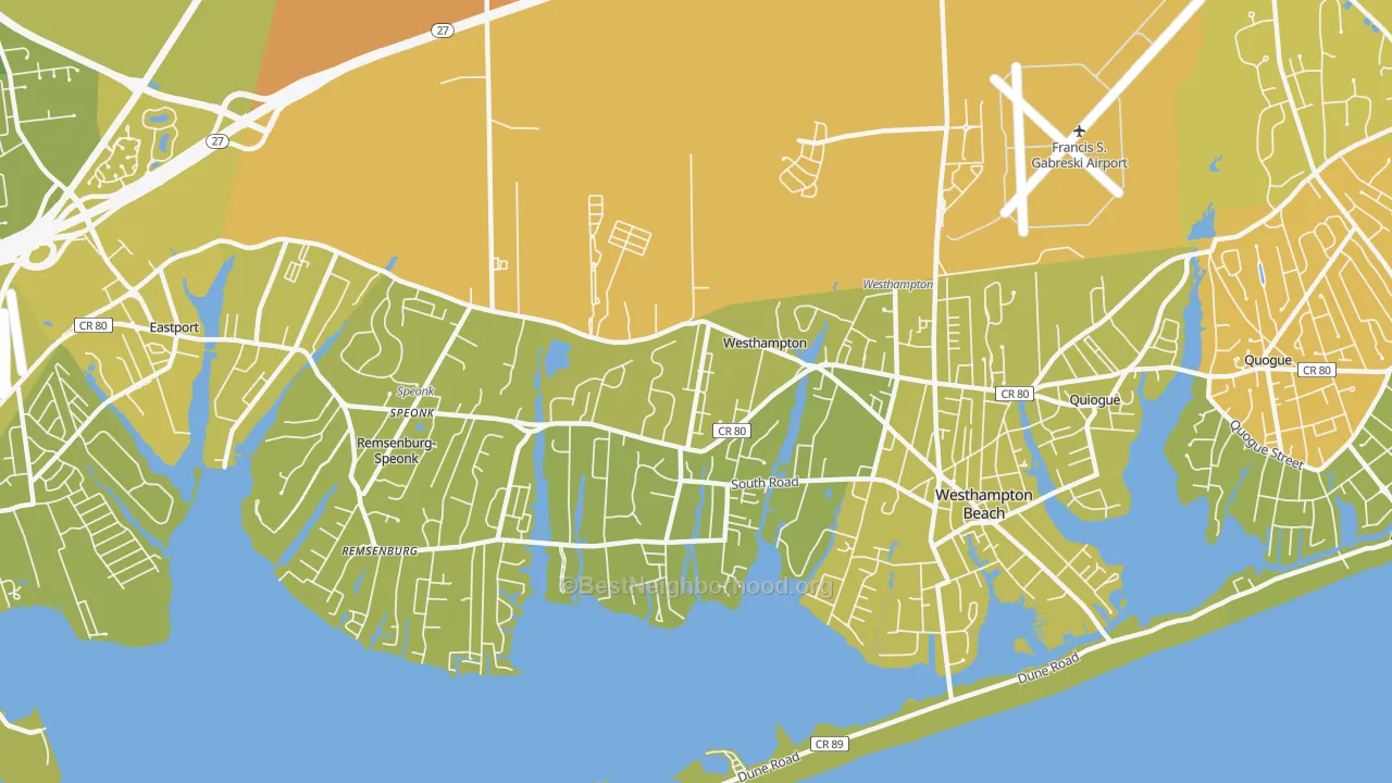Map of the best neighborhoods in the 11977 area, with better matches in green and worse matches in red