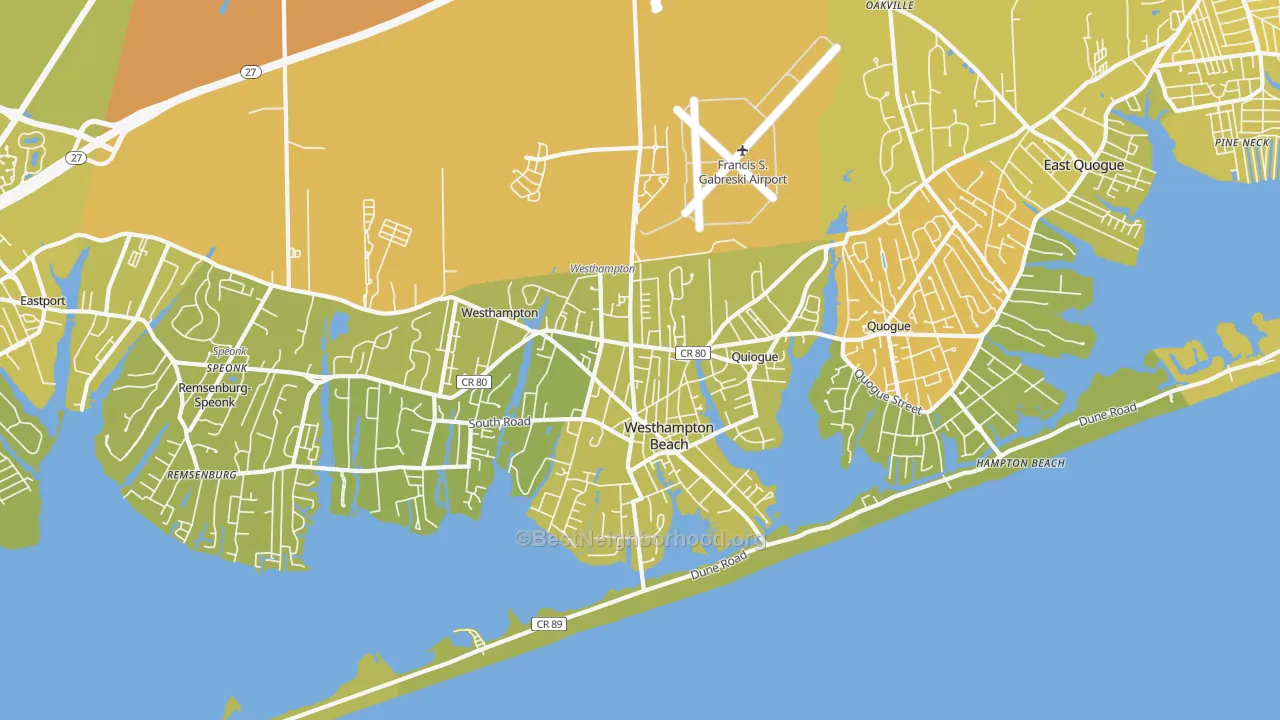 Map of the best neighborhoods in the 11978 area, with better matches in green and worse matches in red