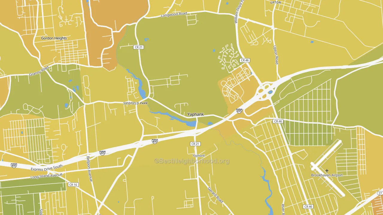 Map of the best neighborhoods in the 11980 area, with better matches in green and worse matches in red