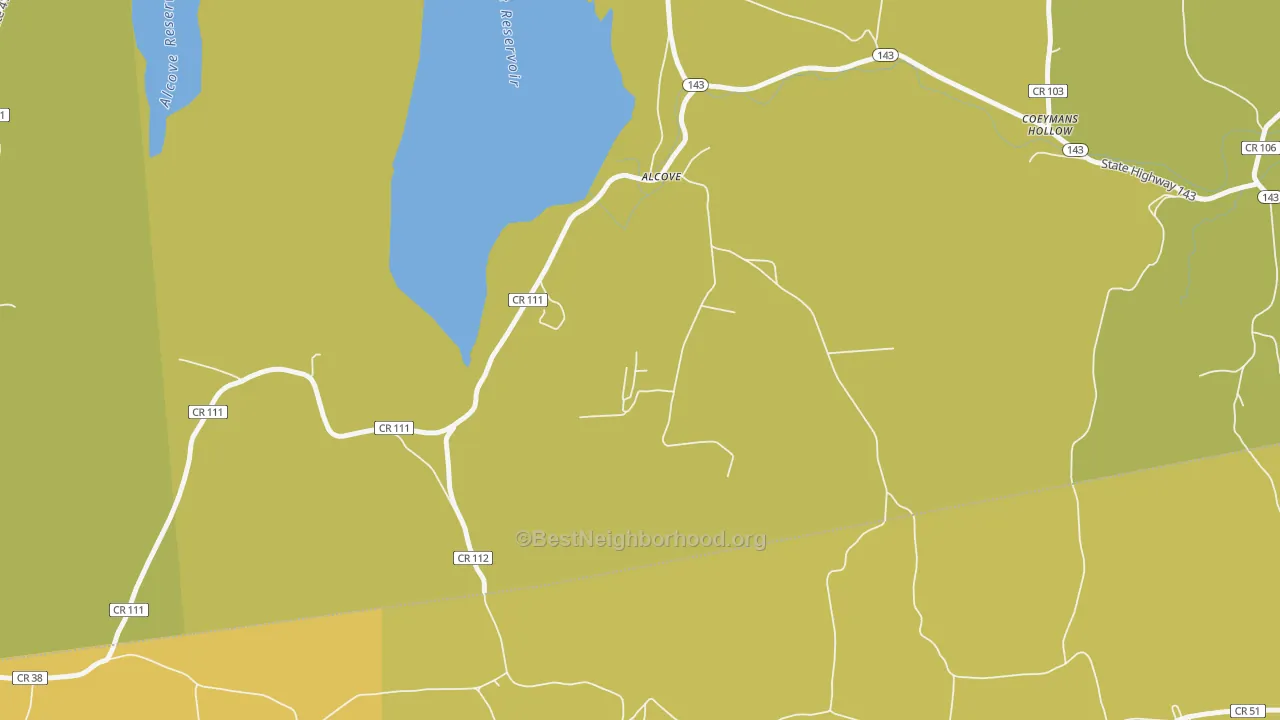 Map of the best neighborhoods in the 12007 area, with better matches in green and worse matches in red