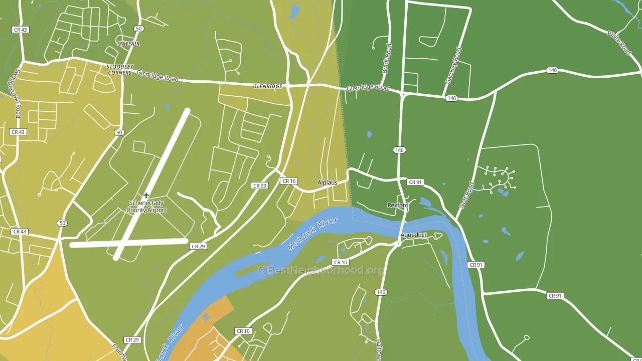 Map of the best neighborhoods in the 12008 area, with better matches in green and worse matches in red