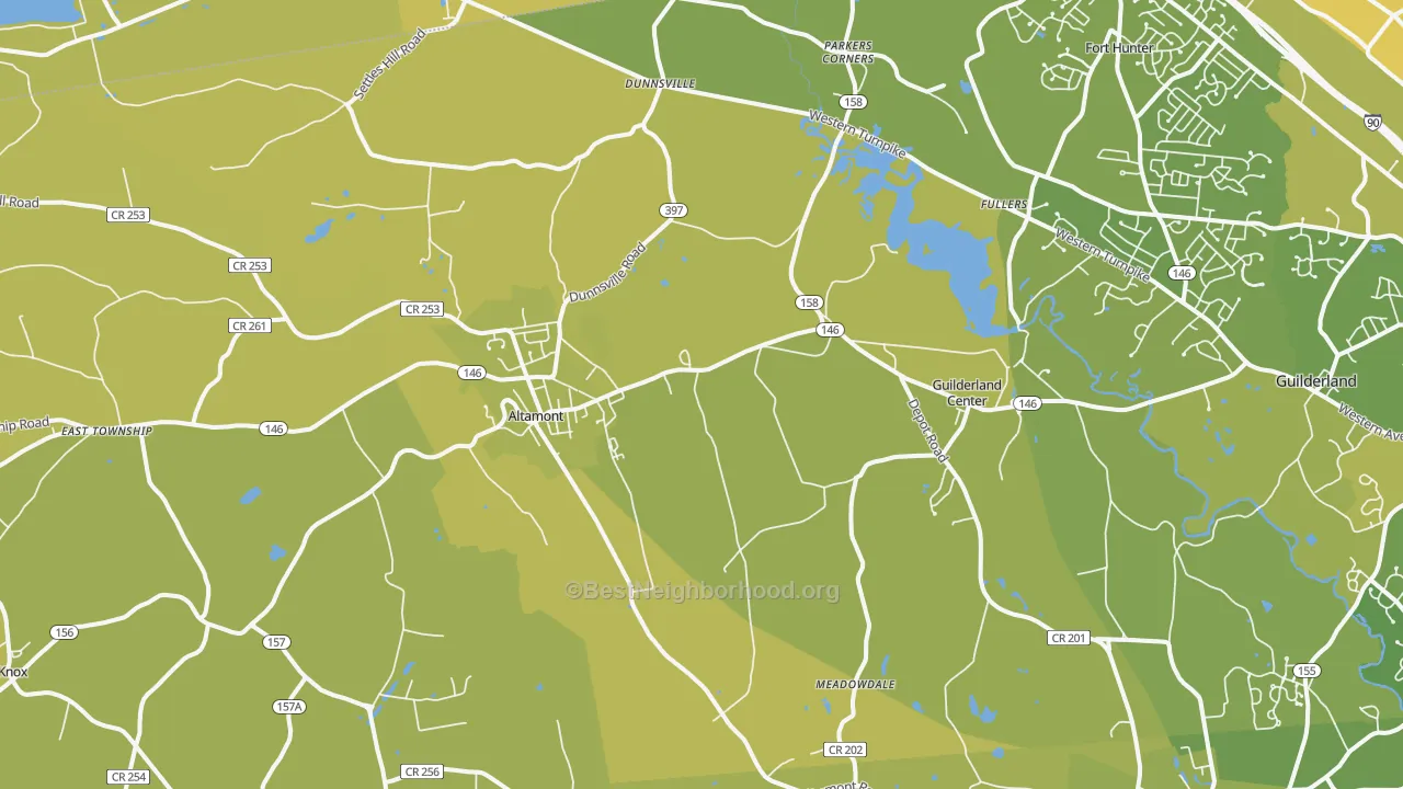 Map of the best neighborhoods in the 12009 area, with better matches in green and worse matches in red