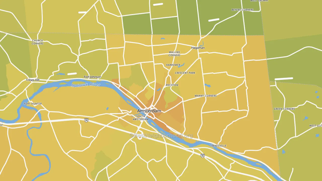 Map of the best neighborhoods in the 12010 area, with better matches in green and worse matches in red