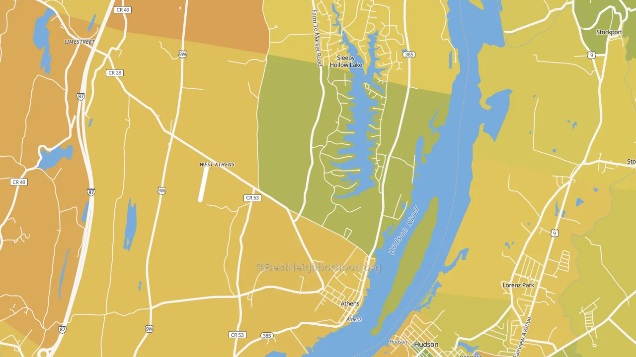 Map of the best neighborhoods in the 12015 area, with better matches in green and worse matches in red