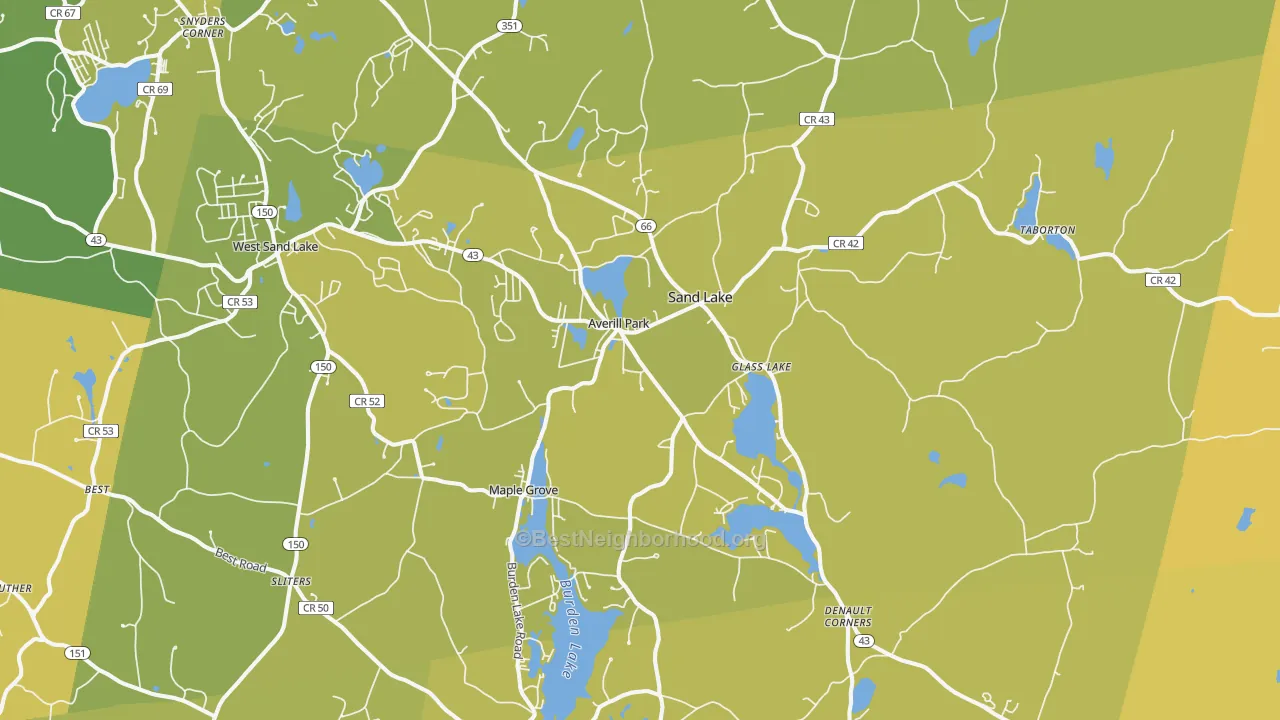 Map of the best neighborhoods in the 12018 area, with better matches in green and worse matches in red