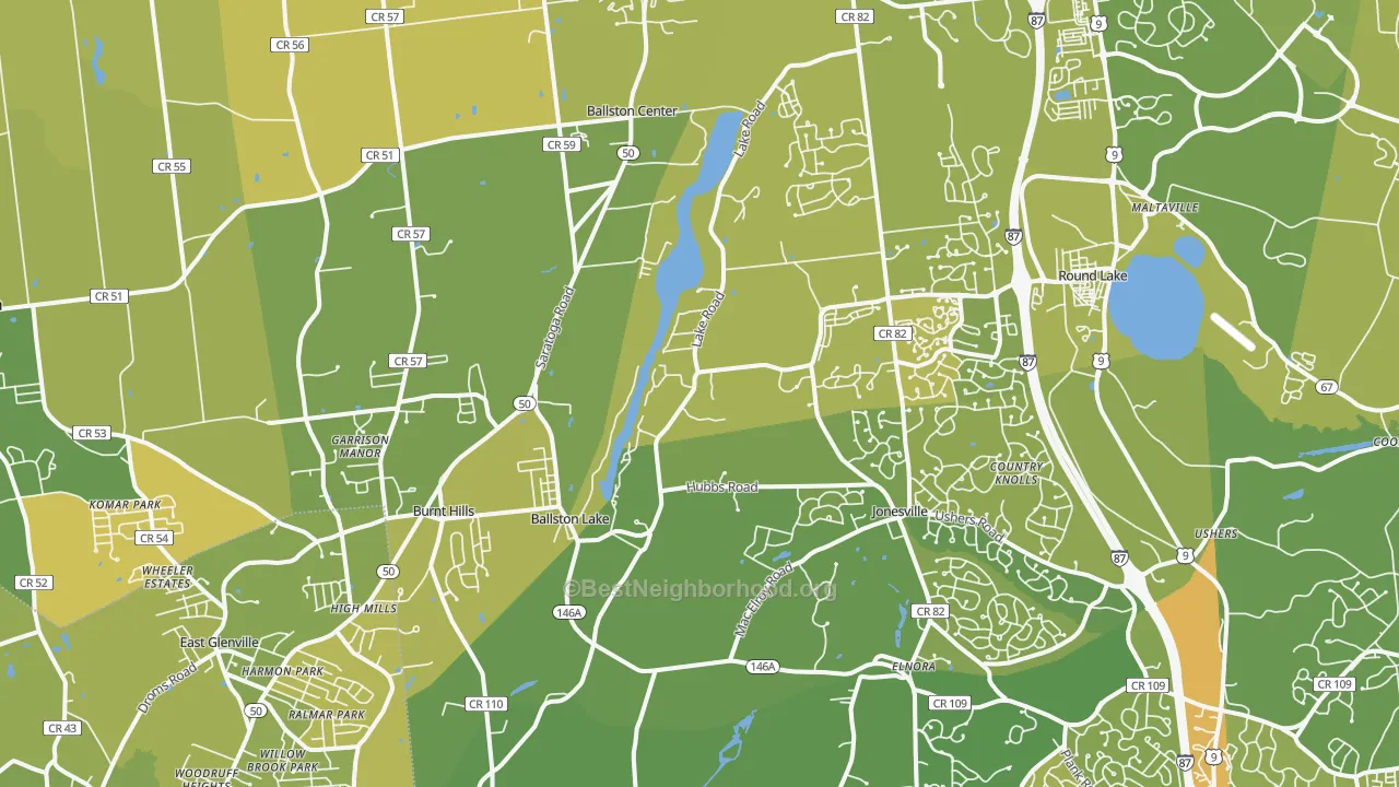 Map of the best neighborhoods in the 12019 area, with better matches in green and worse matches in red