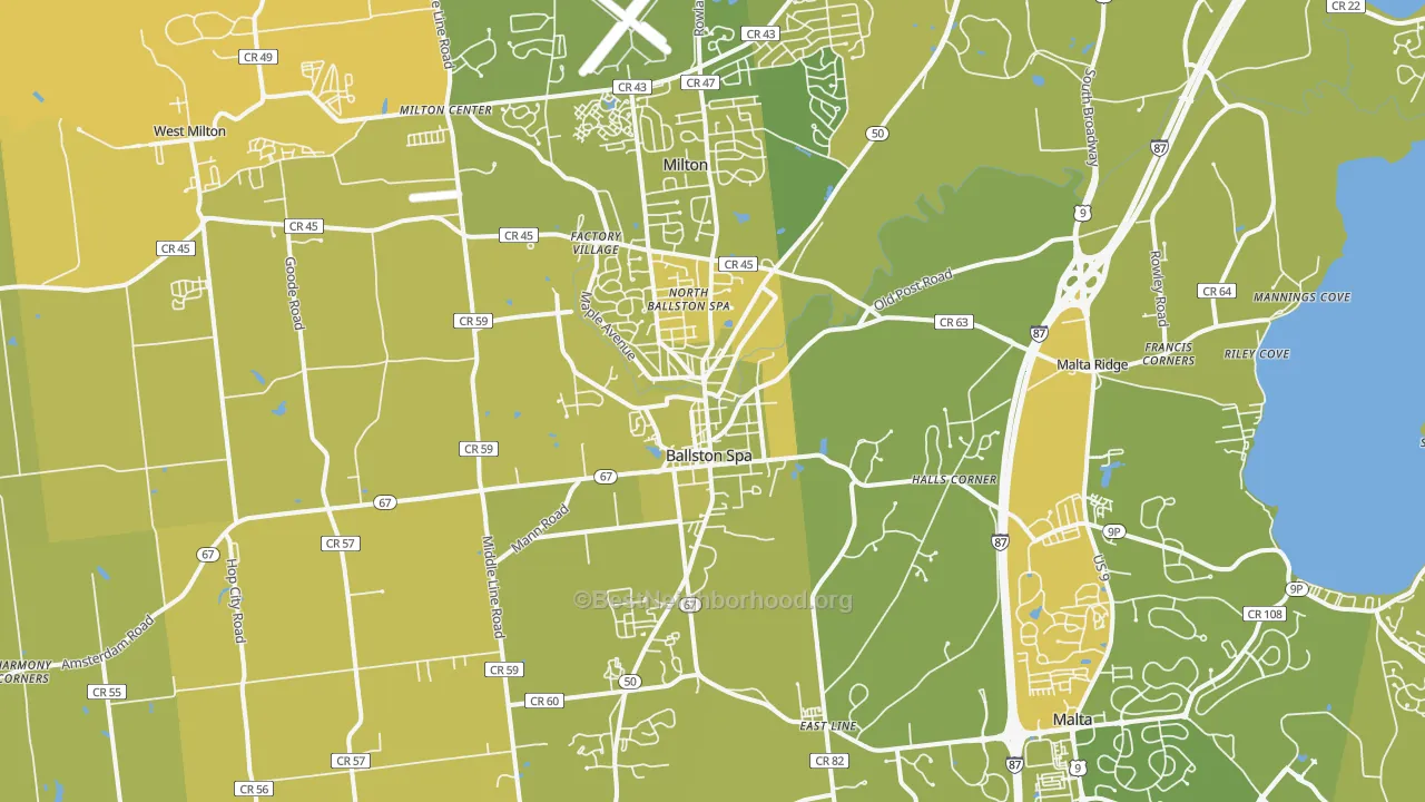 Map of the best neighborhoods in the 12020 area, with better matches in green and worse matches in red