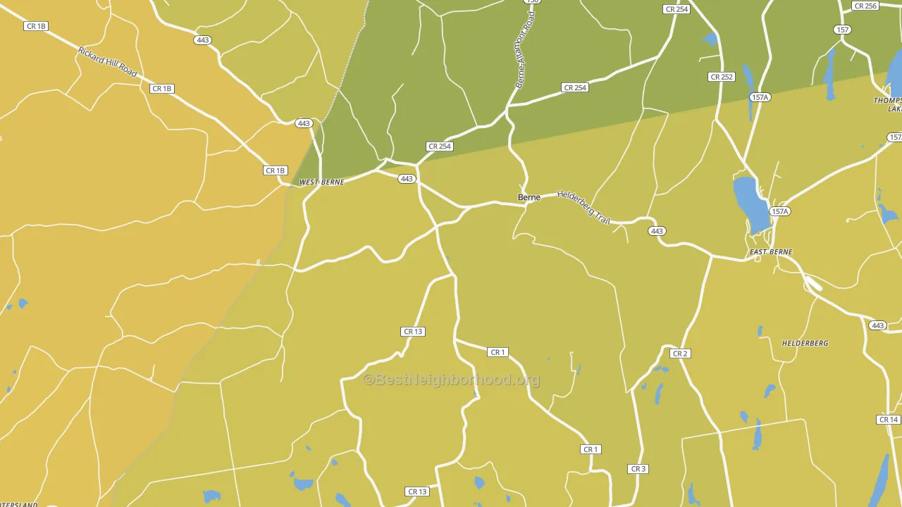 Map of the best neighborhoods in the 12023 area, with better matches in green and worse matches in red