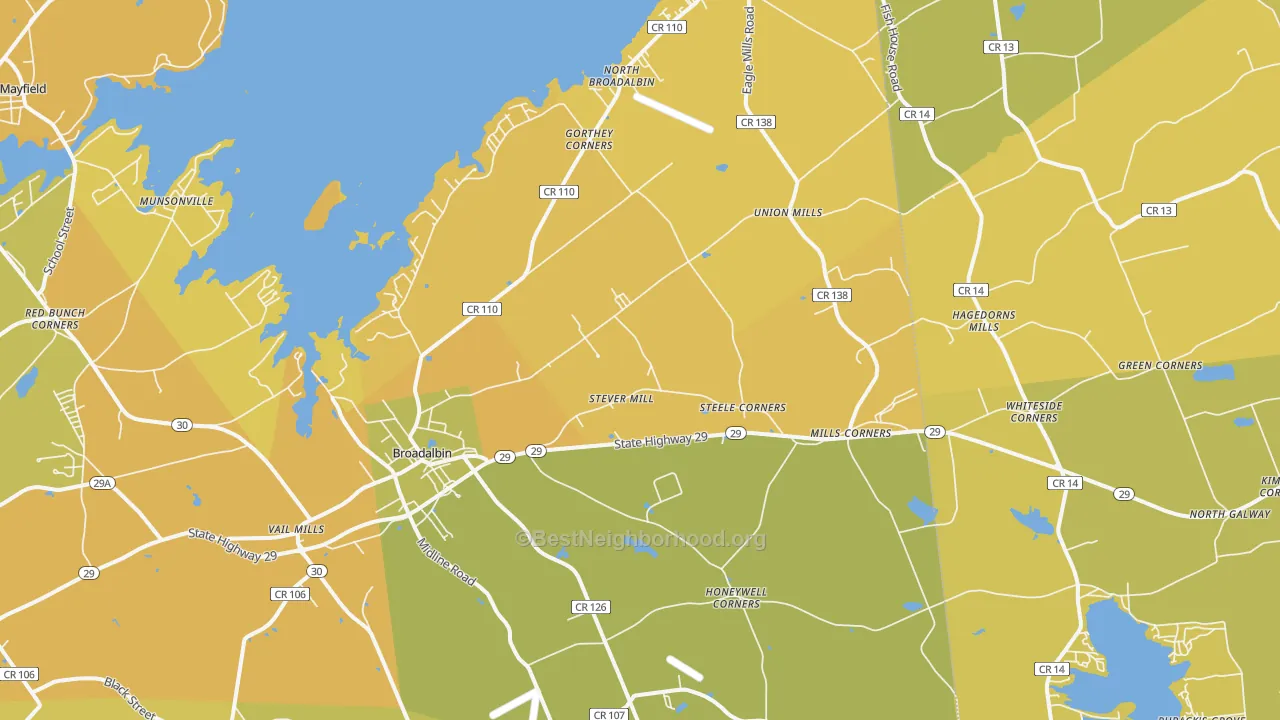 Map of the best neighborhoods in the 12025 area, with better matches in green and worse matches in red
