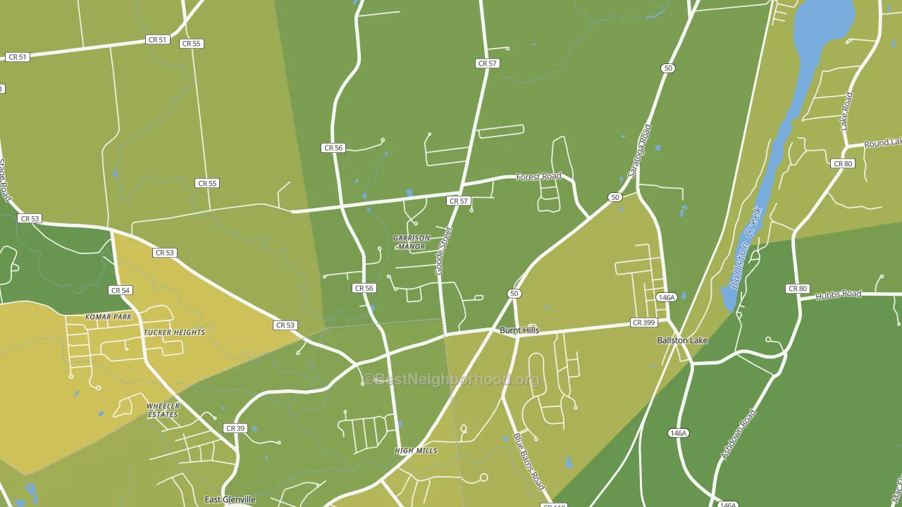 Map of the best neighborhoods in the 12027 area, with better matches in green and worse matches in red