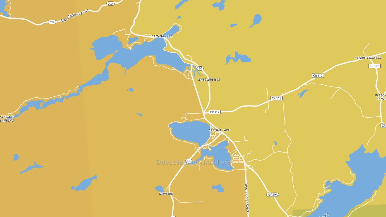 Map of the best neighborhoods in the 12032 area, with better matches in green and worse matches in red