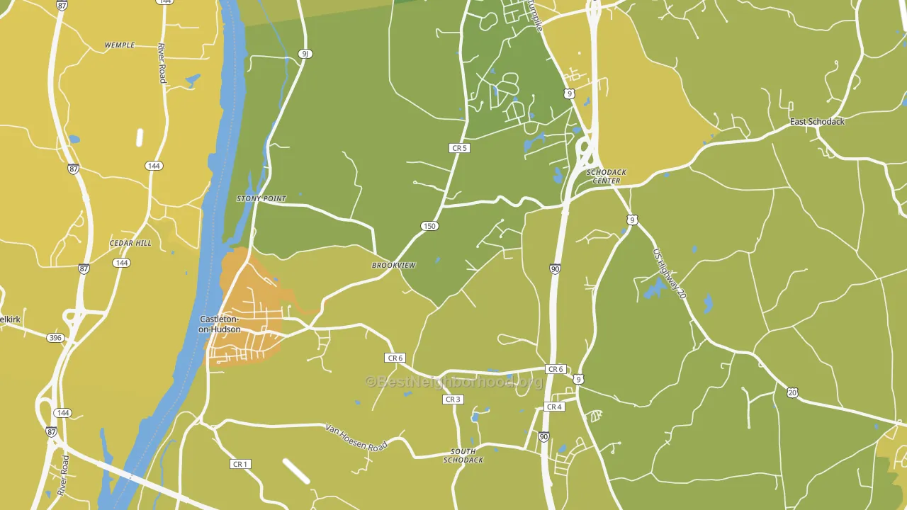 Map of the best neighborhoods in the 12033 area, with better matches in green and worse matches in red