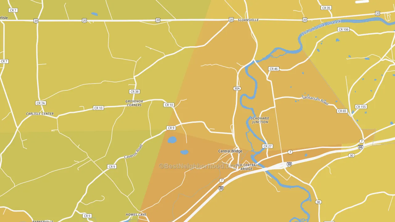 Map of the best neighborhoods in the 12035 area, with better matches in green and worse matches in red